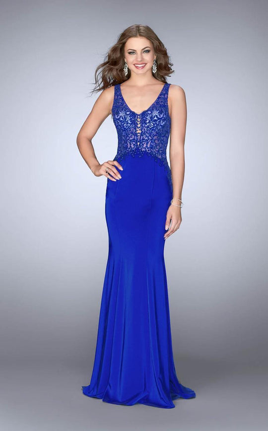GiGi - Sultry Lace Scoop Sheath Long Evening Gown with Sheer Inset 24788 In Blue