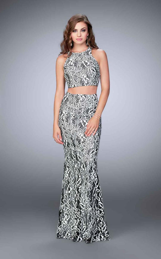 La Femme - Two-Piece Contrast Lace Sheath Long Evening Gown 23976 In Black and White