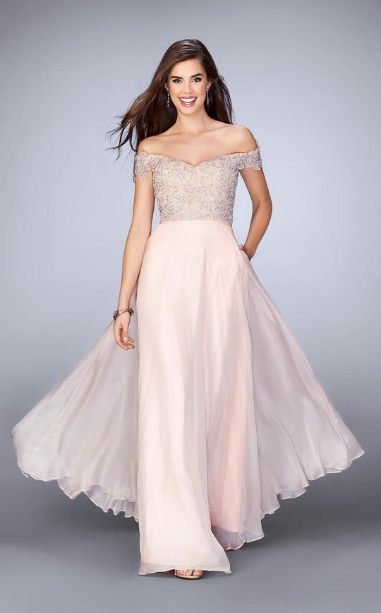 Off-the-Shoulder Beaded Lace Chiffon Prom Dress 24001 In Pink