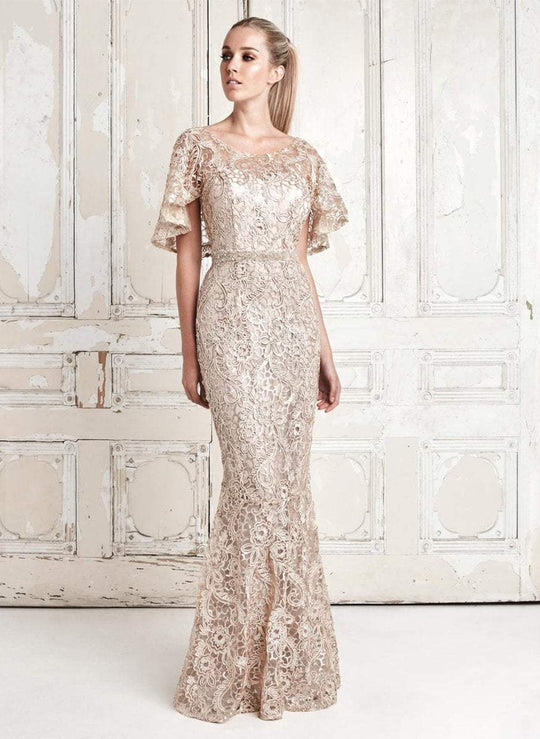 Daymor Couture - 780 Scoop Neck Embellished Sheath Gown In Neutral