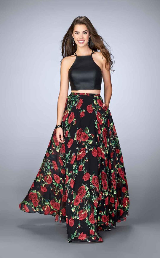 Eye-catching Floral and Leather Two-piece Chiffon Dress 24014