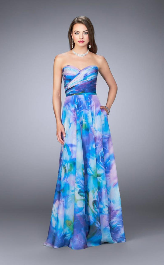 La Femme - Strapless Sweetheart Multi-Color Floral Print Prom Dress 24021 In Blue and Multi-Color