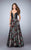 La Femme - Captivating Deep V-Neck Floral A-line Dress 24025 In Black and Multi-Color