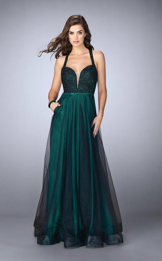 La Femme - Ornamented Sweetheart Tulle Overlay Long Evening Gown 24034 In Black and Green