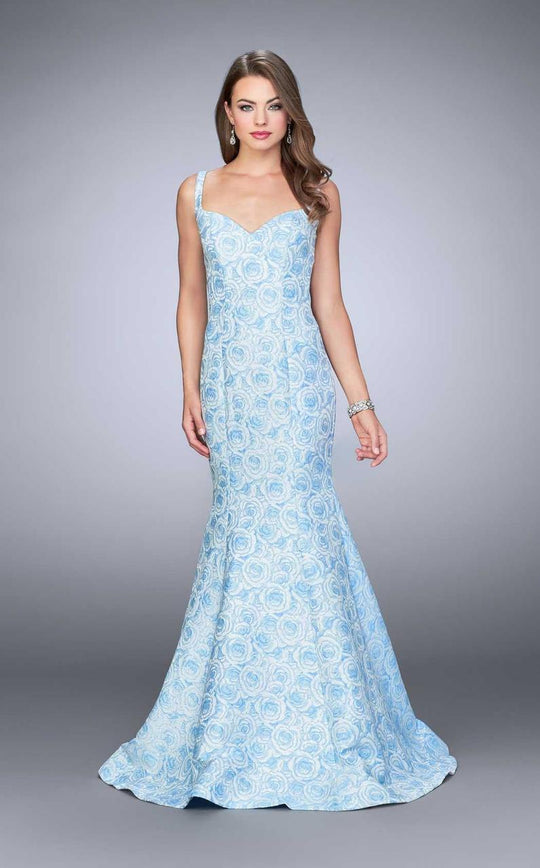 La Femme - Dainty Sculpted Jacquard Mermaid Long Evening Gown 24063 In Blue