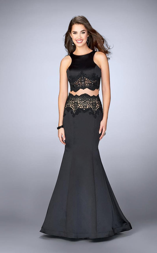 Gorgeous Bateau Lace Trimmed Trumpet Evening Gown 24083