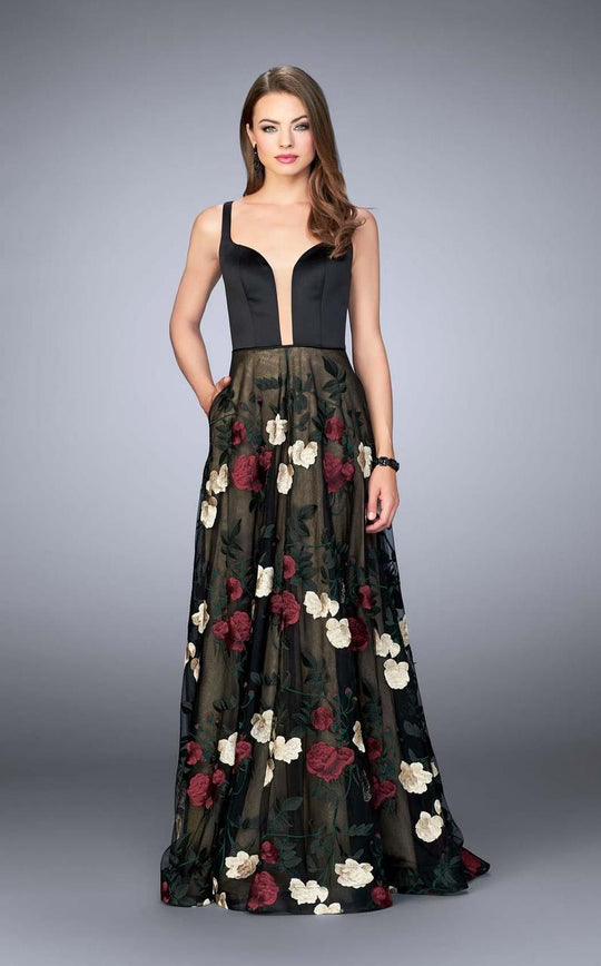 La Femme -  Satin Top and Multi Colored Lace Floral Skirt Prom Dress 24099 In Black and Multi-Color