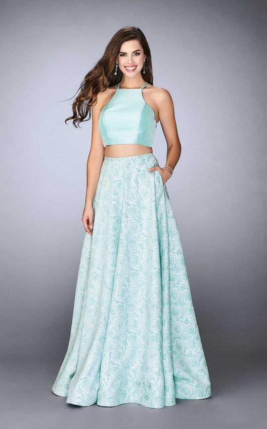 La Femme - Refreshing Floral Print Halter Long Evening Gown 24101 in Green