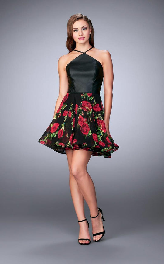 La Femme - Lovely Halter Neck Floral Chiffon Dress 24111 In Black and Multi-Color and and Floral