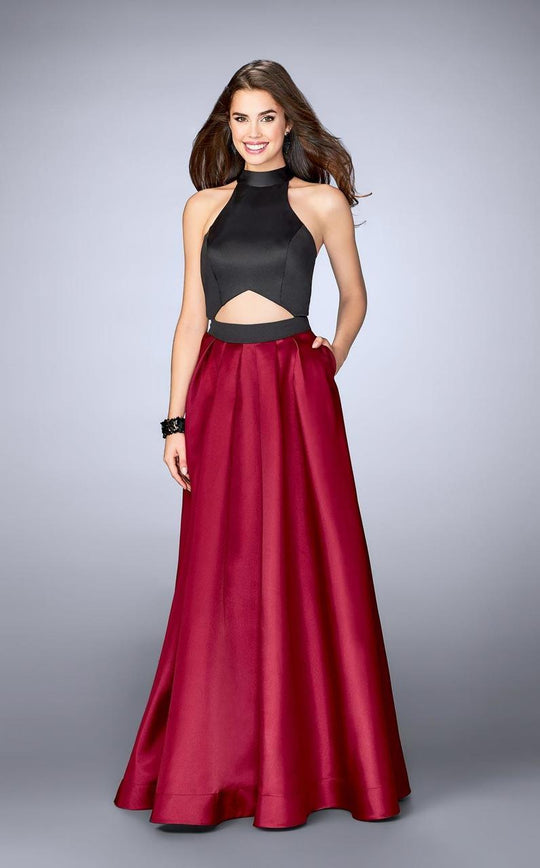 La Femme - Halter Style Two Toned Mikado Prom Dress 24135 in Red