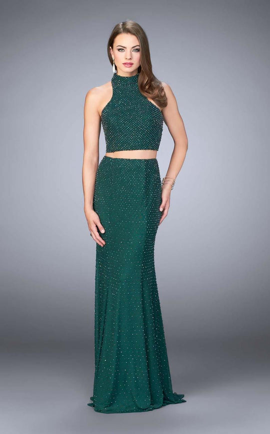 La Femme - Sophisticated Sparkling Sleeveless Beaded High Neck Two-Piece Dress 24158 in Green