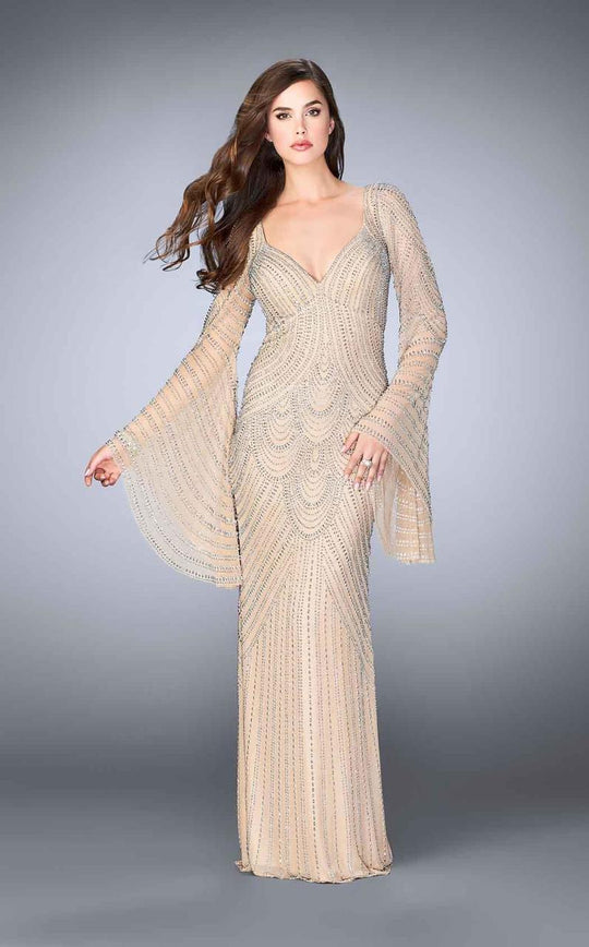 La Femme - 24162 Highly-Embellished Sheer Long Evening Gown with Bell Sleeves  in Neutral