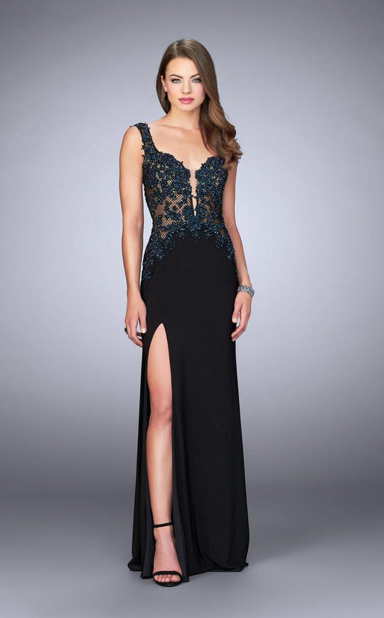 La Femme - 24168 Radiant Lace Applique on Fishnet Long Evening Gown  in Black and Blue