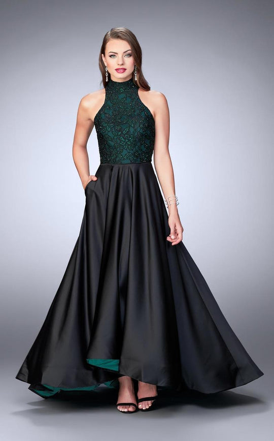 La Femme - High Halter Floral Lace A-Line Long Evening Gown 24234 In Black and Green