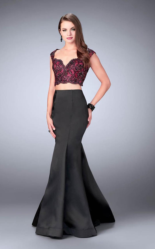 La Femme - Dramatic Beaded Lace Applique Long Mikado Evening Gown 24235 in Pink and Black