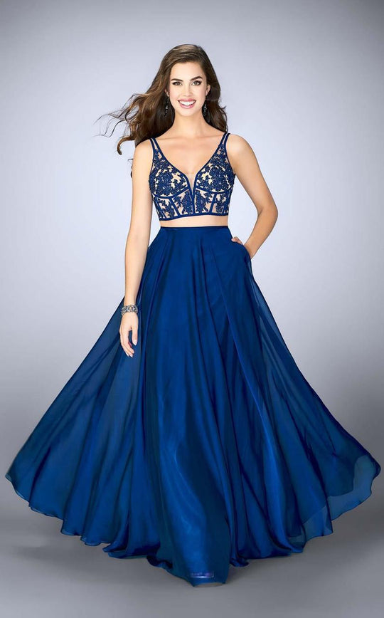 La Femme - Enchanting V-neck Two-piece Sheer Laced and Chiffon Dress 24237 in Blue