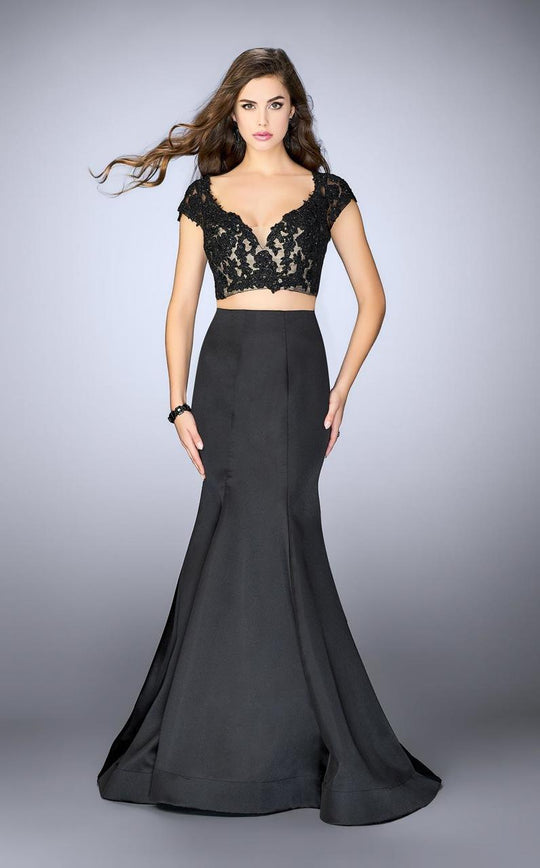 La Femme - Two-Piece Lace Applique Crop Top Mermaid Long Evening Gown 24239 In Black