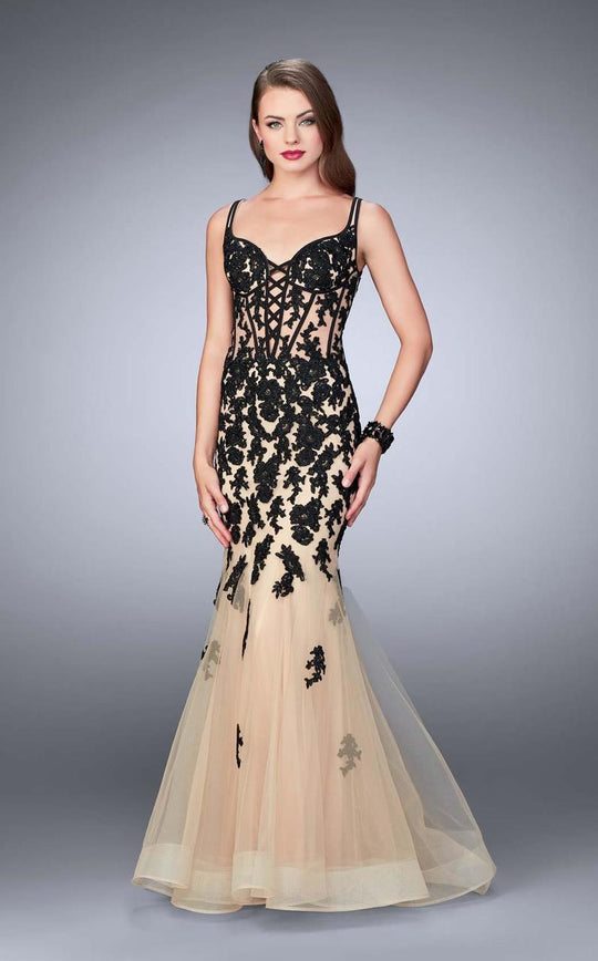 Chic Corset Long Tulle Evening Gown with Lace Appliques 24240
