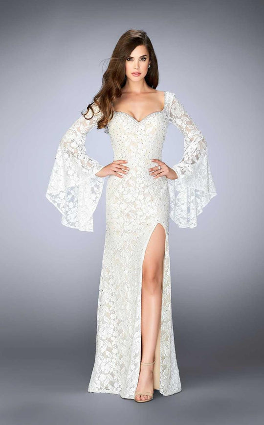 La Femme - 24249 Gleaming Long Sleeve Laced Sweetheart Long Dress  in White