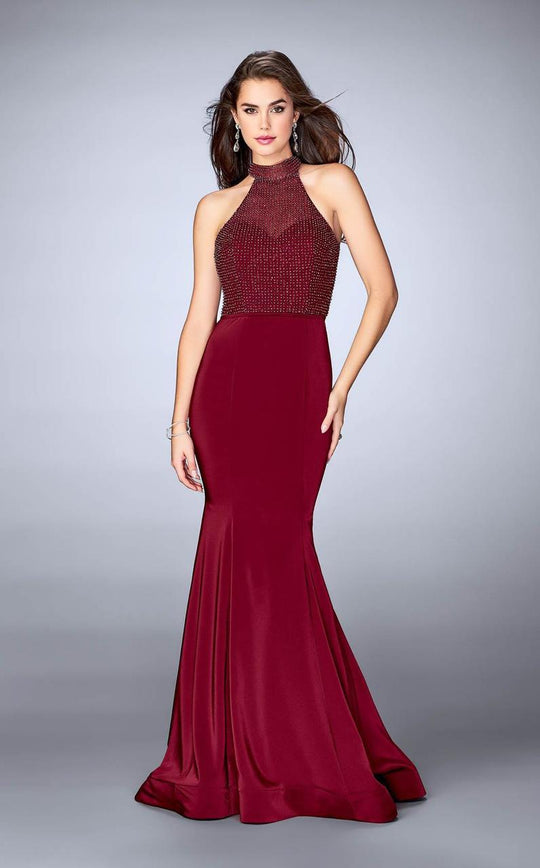 La Femme - 24266 Sheer Beaded Halter Top Mermaid Prom Dress In Red