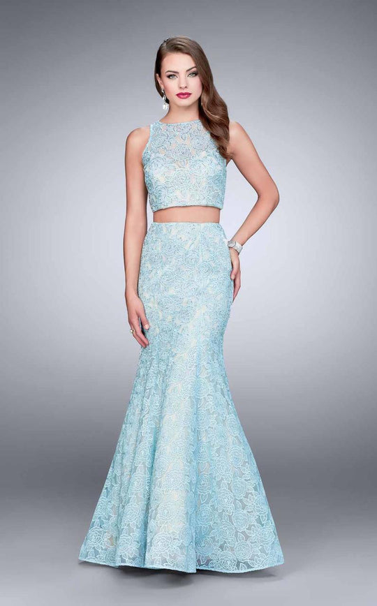 La Femme - Lace Bateau Illusion Crop Top Mermaid Long Evening Gown 24269 In Blue