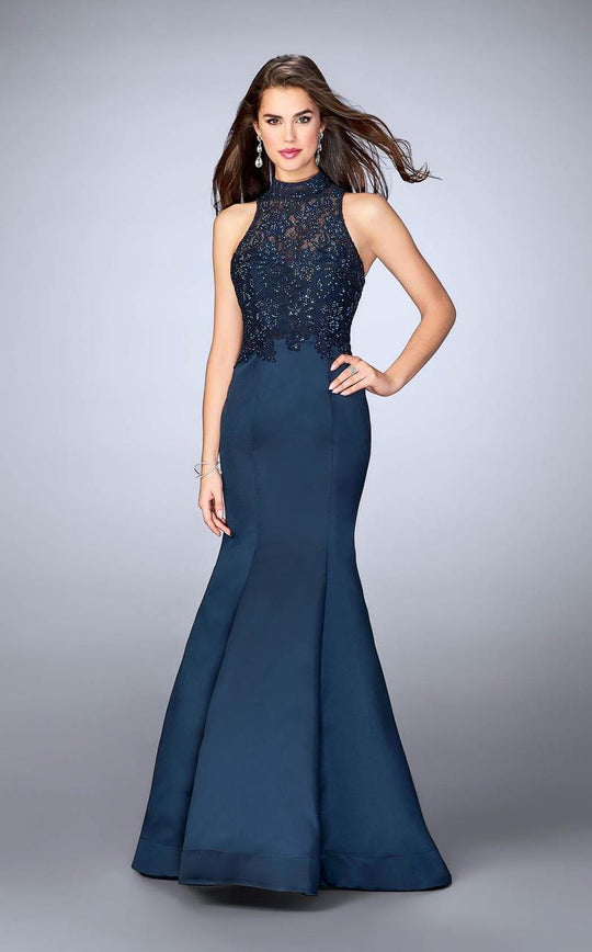 La Femme - Exquisite High Lace Illusion Long Mermaid Evening Gown 24271 in Blue