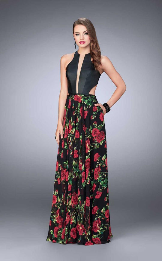La Femme - Enthralling Halter Floral Print A-Line Long Evening Gown 24273 in Black/Multicolor