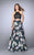 La Femme - Svelte Halter Crop Top Floral Print Evening Gown 24280 in Black/Multicolor