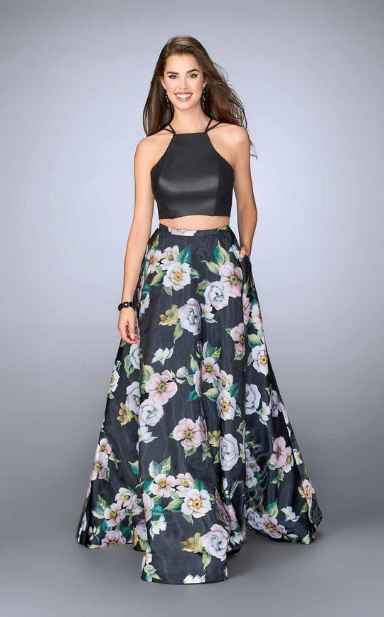 La Femme - Svelte Halter Crop Top Floral Print Evening Gown 24280 in Black/Multicolor