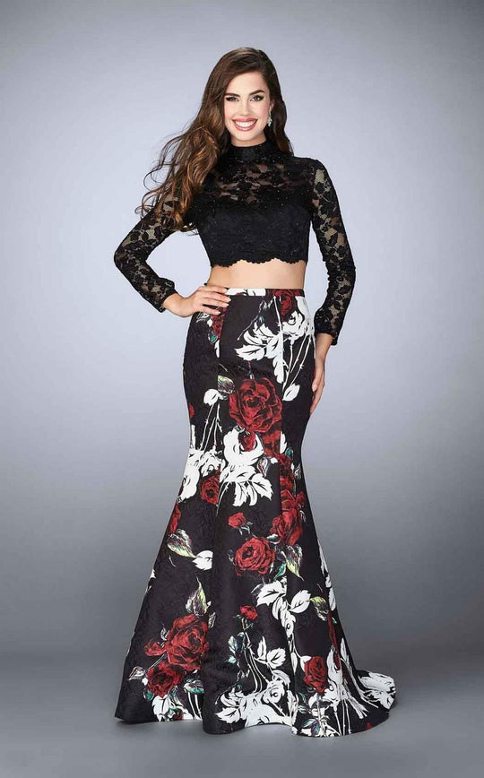 La Femme - Captivating High Neck Laced and Floral Two-piece Mermaid Dress 24285 In Black and Multi-Color and and Floral