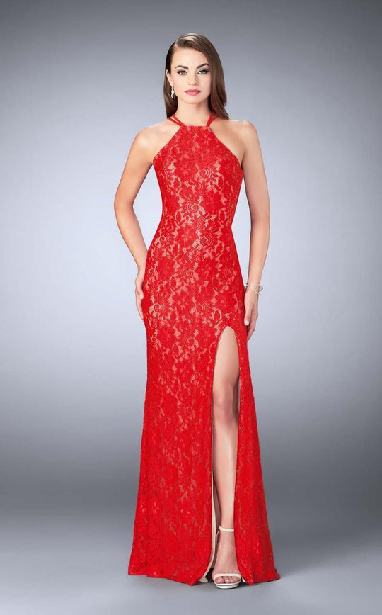 La Femme - Classic High Halter Lace Long Sheath Evening Gown 24293 in Red