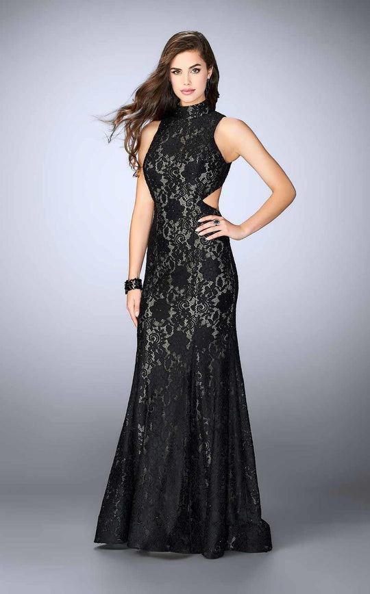 La Femme - Sultry Beaded Lace Cutout Long Mermaid Evening Gown 24294 in Black