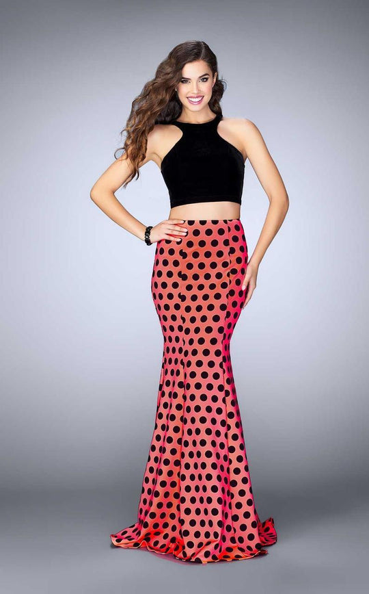La Femme - Vivid Polka Dot Halter Mermaid Long Evening Gown 24297 in Black/Neon Grapefruit