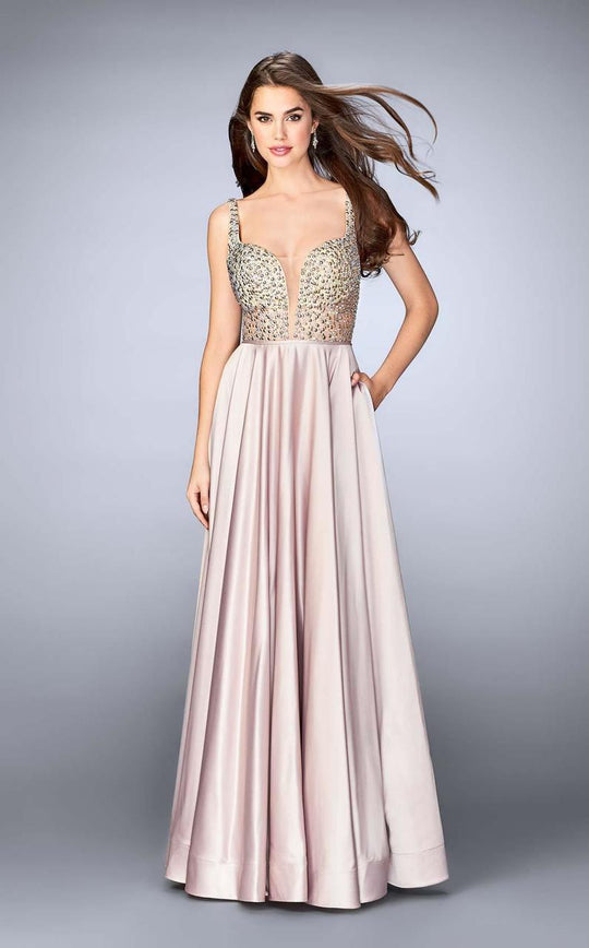 La Femme - Posh Embellished Sweetheart A-Line Long Evening Gown 24305 In Pink