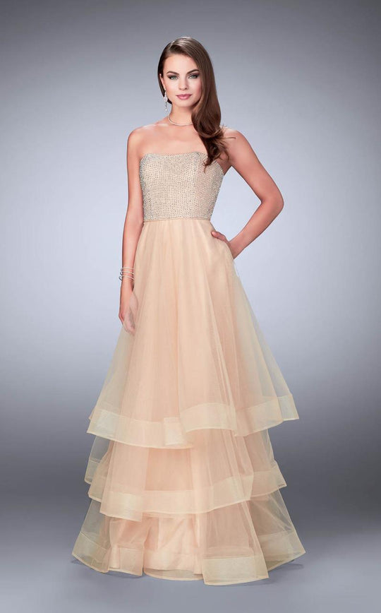 La Femme - Embellished Strapless Tiered Tulle Long Evening Gown 24323 In Neutral