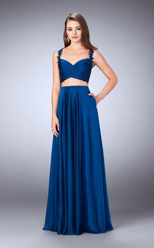 La Femme - Stunning Interweaved Drape Long Evening Gown 24340 in Blue