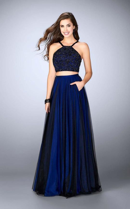 La Femme - Vibrant Halter Neck Laced Two-piece Tulle Dress 24365 in Blue