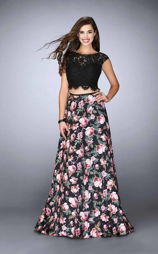 La Femme - Fringy Lace Bateau Illusion Floral Long Evening Gown 24428 In Black and Multi