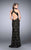La Femme - Lace Halter Long Evening Gown with Sultry Keyhole Opening 24439 in Black and Gold