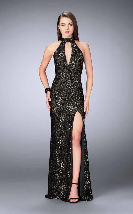 La Femme - Lace Halter Long Evening Gown with Sultry Keyhole Opening 24439 in Black and Gold