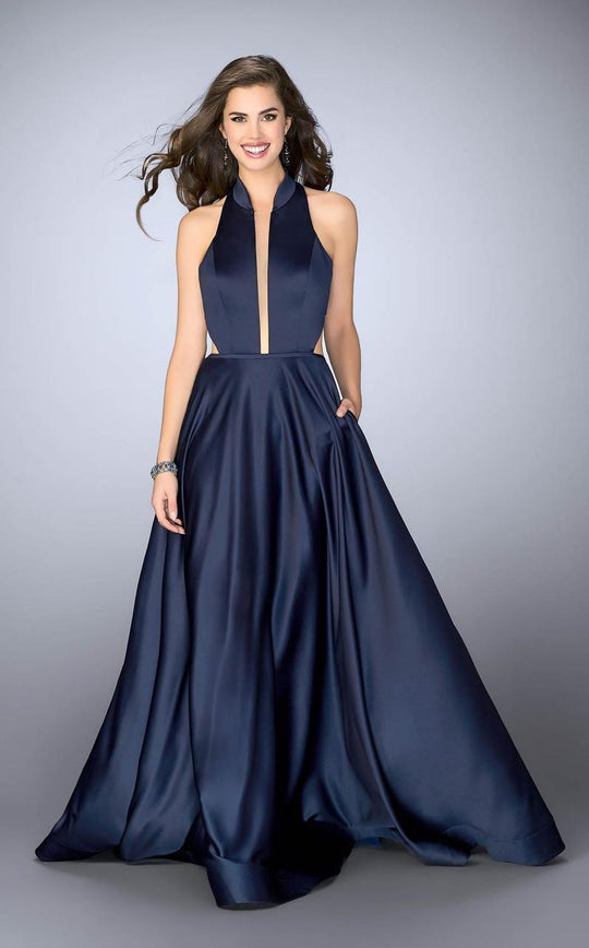 La Femme - Sinuous Deep Halter Long A-Line Evening Gown 24447  in Blue