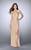 La Femme - Ornate Halter Sheath Long Evening Gown with Side Slit 24499 in Neutral