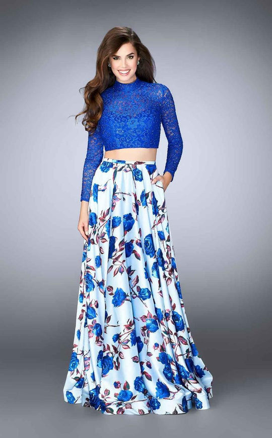La Femme - Two Piece Floral and Lace Satin Ensemble Prom Dress 24507 in Blue