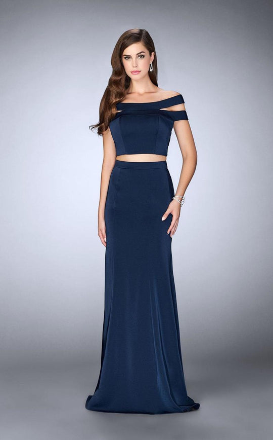 La Femme - Exquisite Off-Shoulder Jersey Long Evening Gown 24520 in Blue