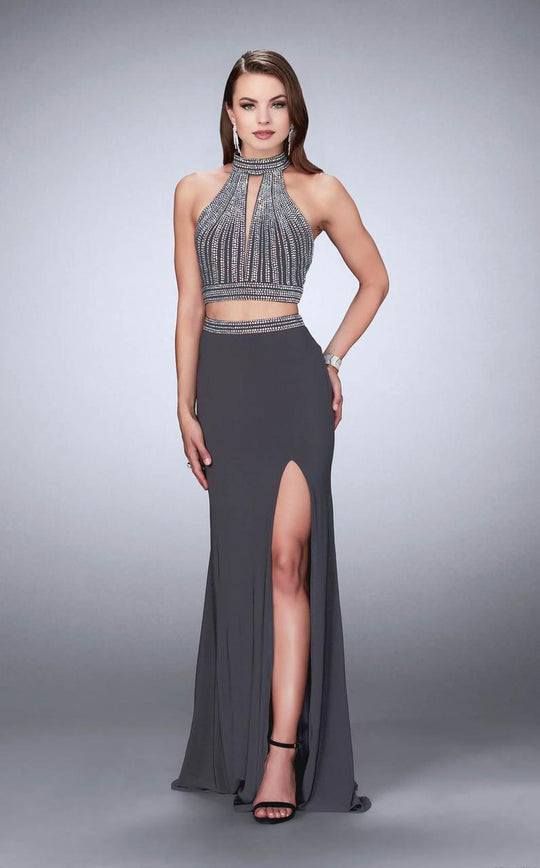La Femme - Exquisite High Crystal-Adorned Long Evening Gown 24521 In Gray