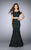 La Femme - Cold Shoulder  Crop Top and Mermaid Skirt Rhinestone Lace Prom Dress 24583 Black and Green