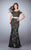La Femme - Cold Shoulder  Crop Top and Mermaid Skirt Rhinestone Lace Prom Dress 24583 Black and Neutral