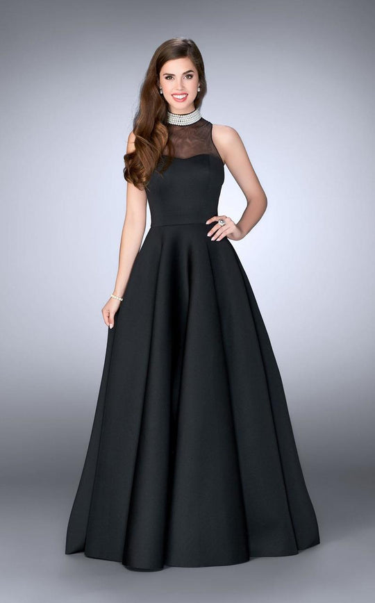 La Femme - Sleeveless Long Black Prom Dress with Pearl Collar 24607 In Black