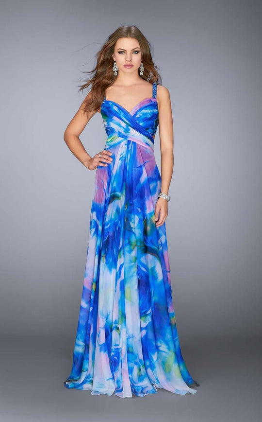 La Femme - Crystal Beaded Strappy Back Watercolor Print Chiffon Prom Gown  24668 in Multi-color