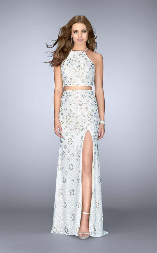 La Femme - Halter Style Crop Top Strappy Back Lace Prom Dress 24678 in White